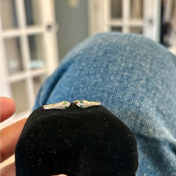 SOLD! 14K Diamond Emerald Snake Eyes Huggie Hoop Earrings - Solid Yellow Gold - Picture 4 of 7